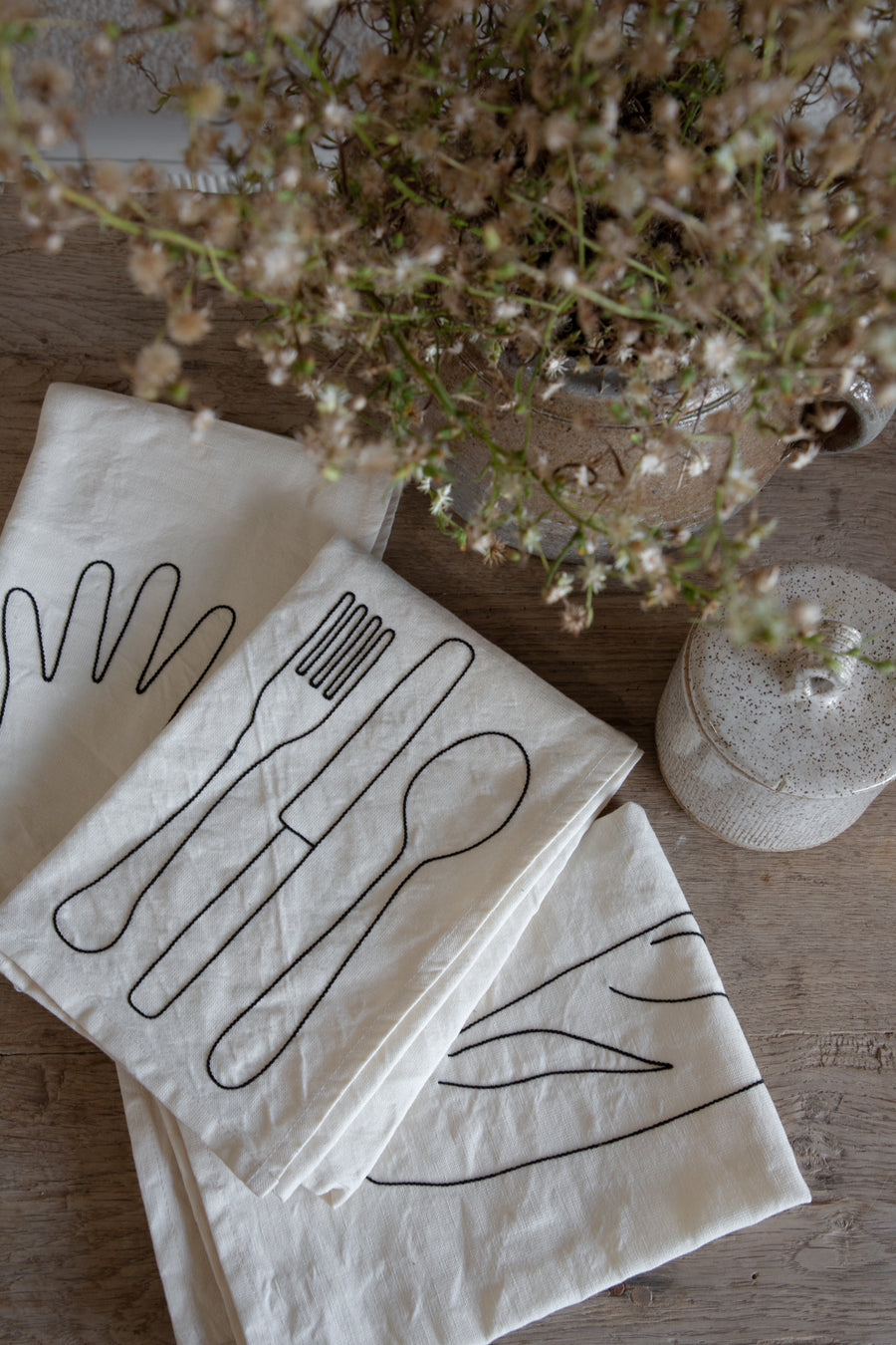 Embroidered French Linen Kitchen Towels (Set of Three)