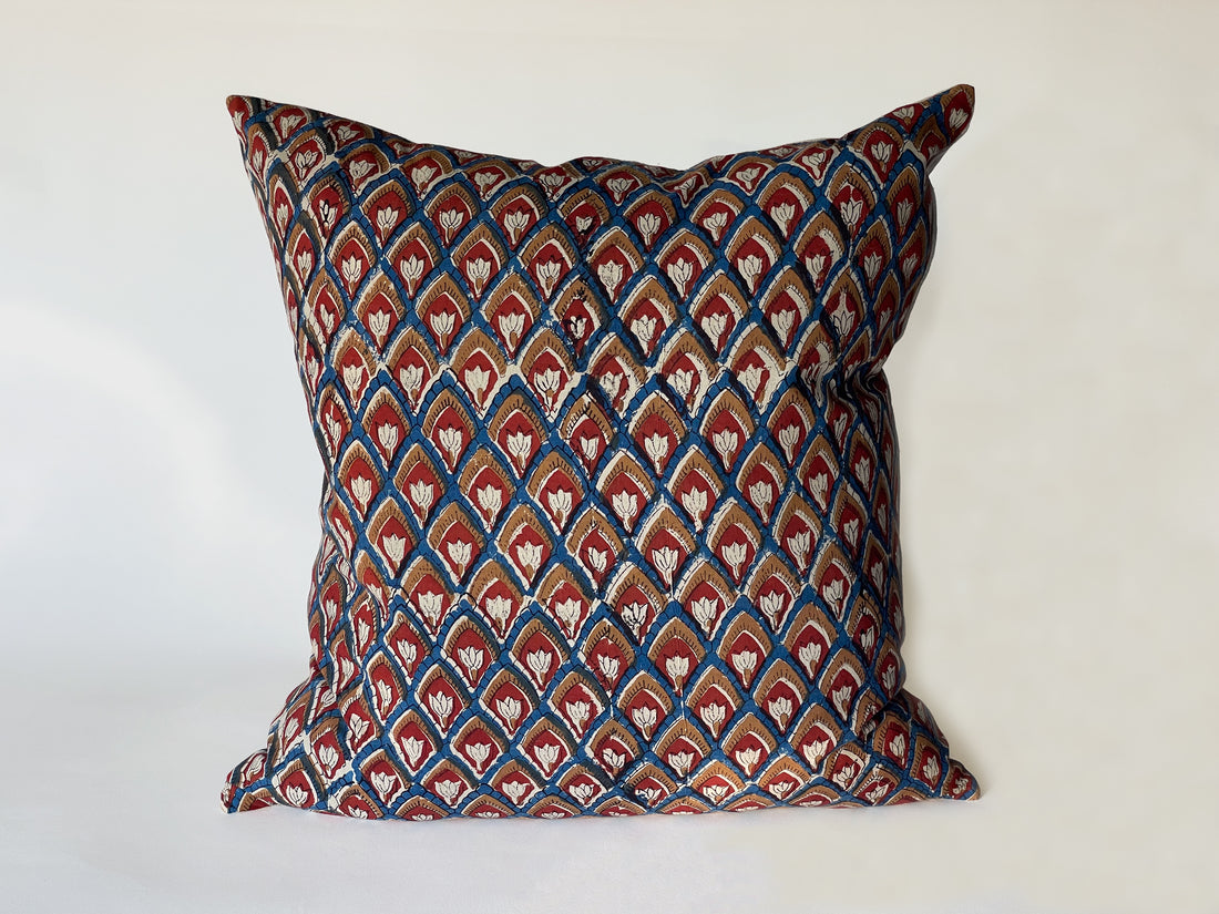 Red, Blue and Rust Block Print Pillow