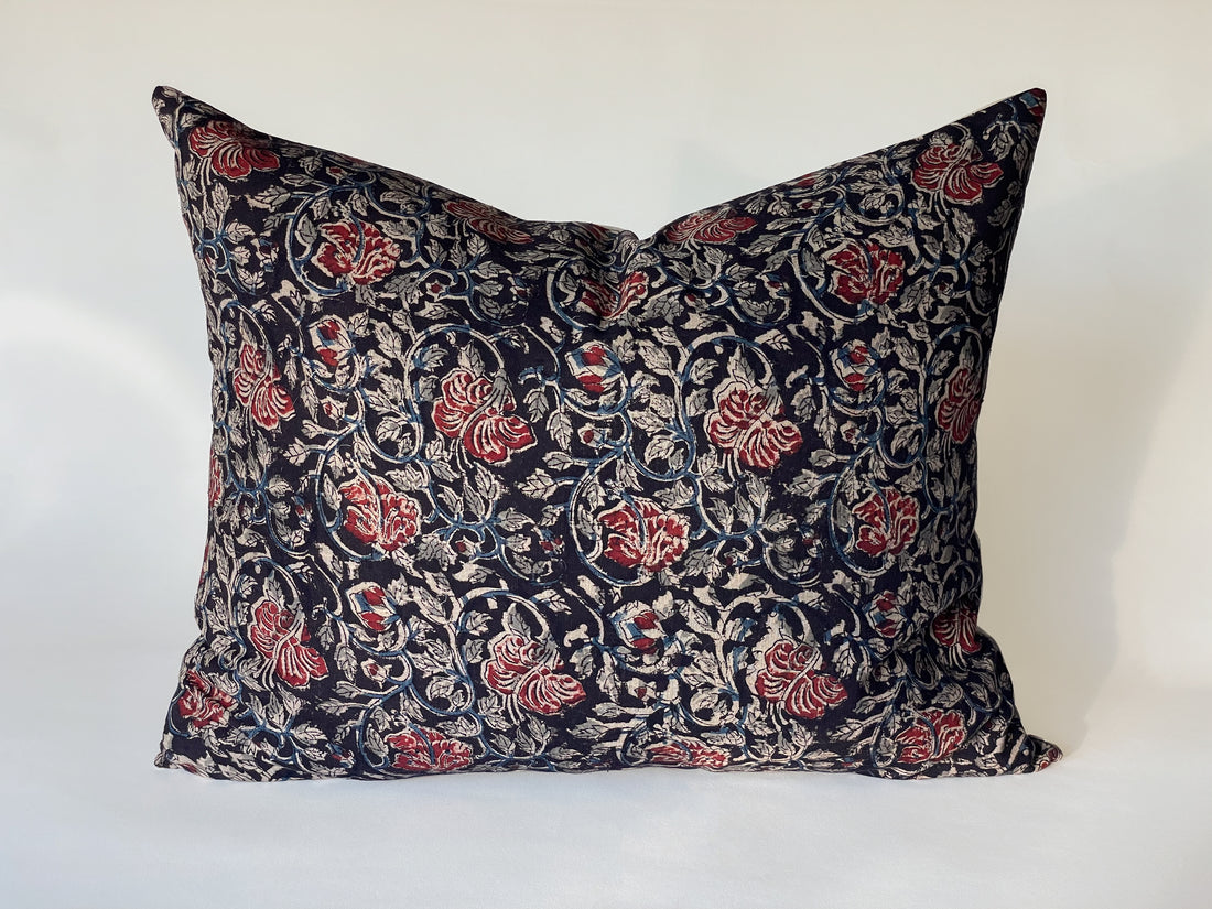 Floral and Vines Pillow - Black, Grey and Red