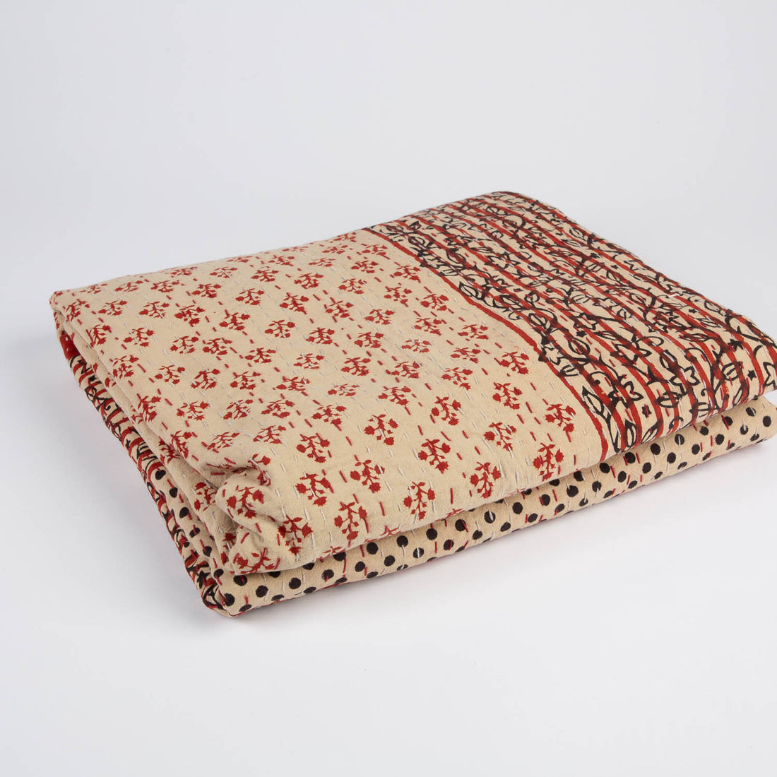 Kantha Quilt - Red and Tan
