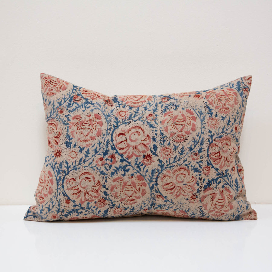 Vintage Block Print Pillow - Blue and Pink