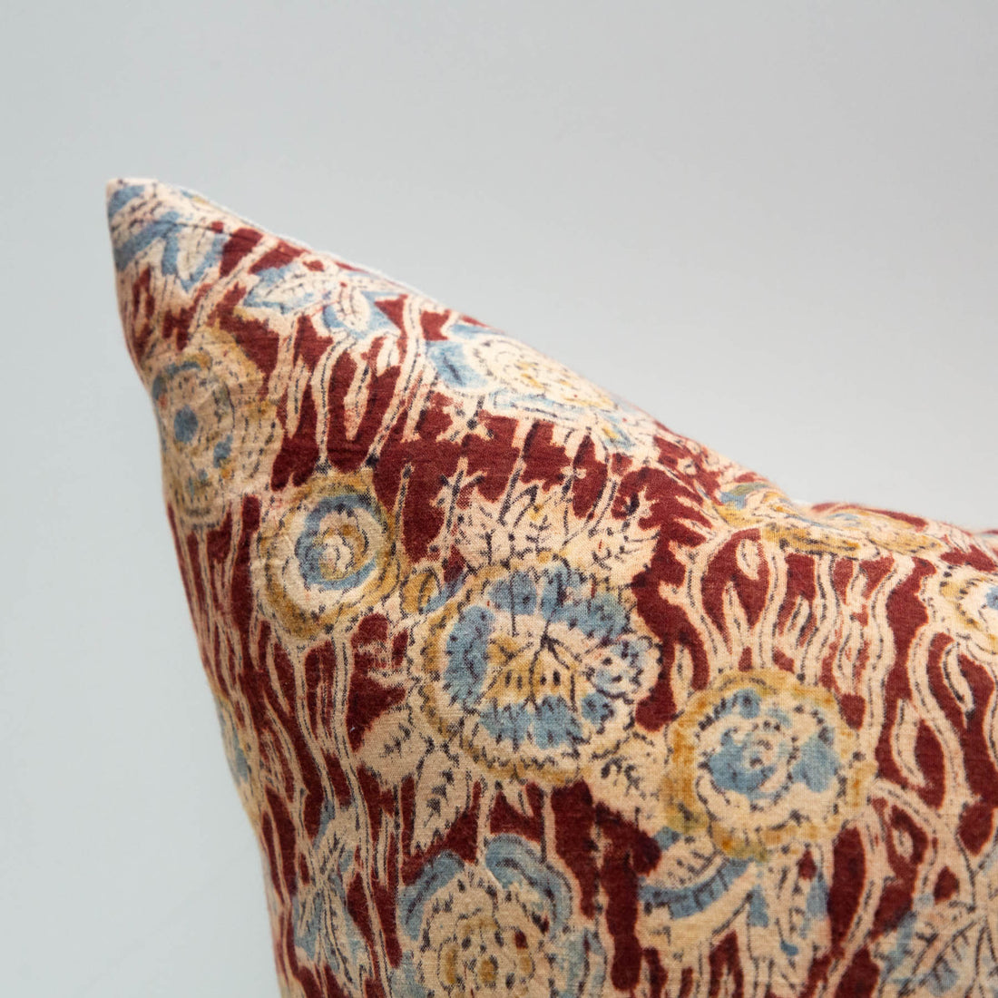 Vintage Block Print Pillow - Maroon with blue flowers