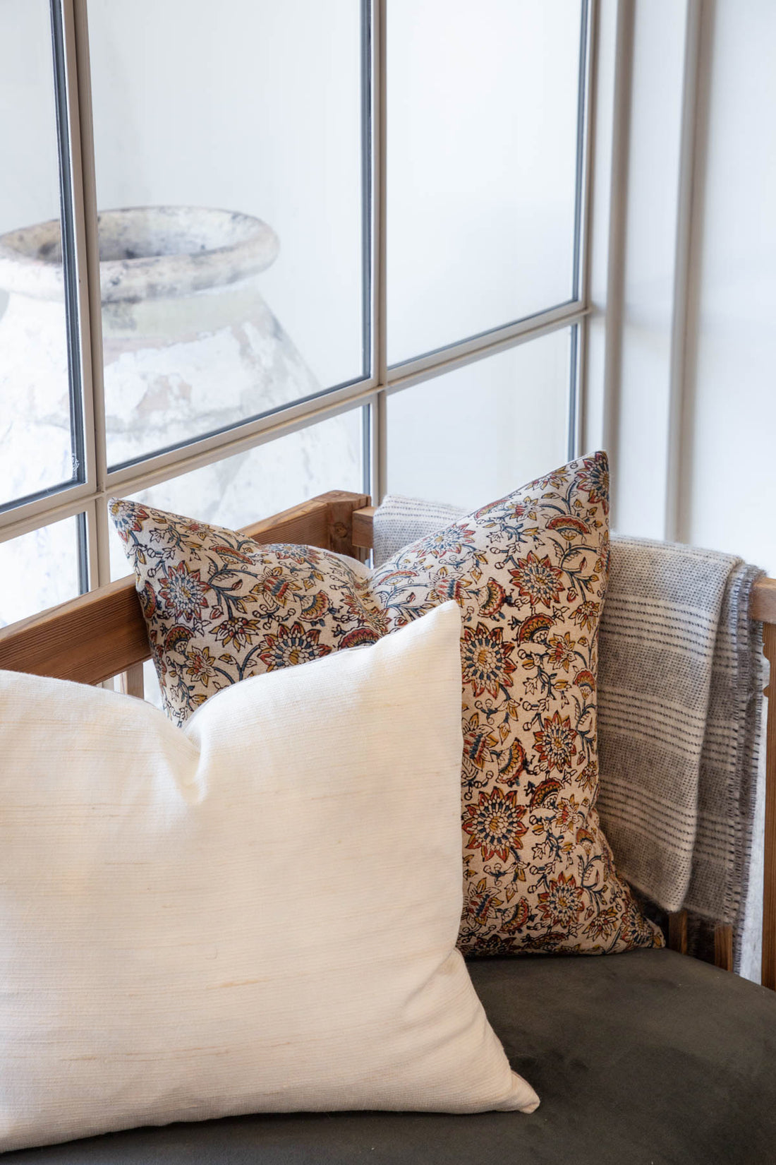 Taupe with Red, Gold and Blue Floral Pillow